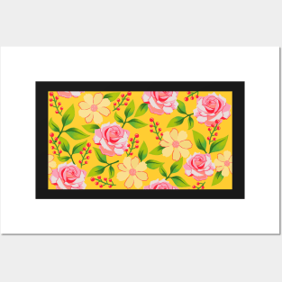 Pretty Roses and Red Berries on Bright Yellow Posters and Art